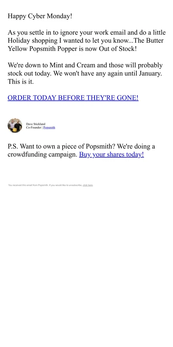 Email from Popsmith. Only Two Colors Remaining on Cyber Monday! 🍿