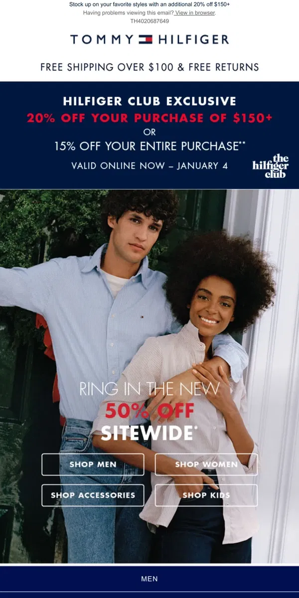 Email from Tommy Hilfiger. This is it: LAST DAY to shop 50% off sitewide!