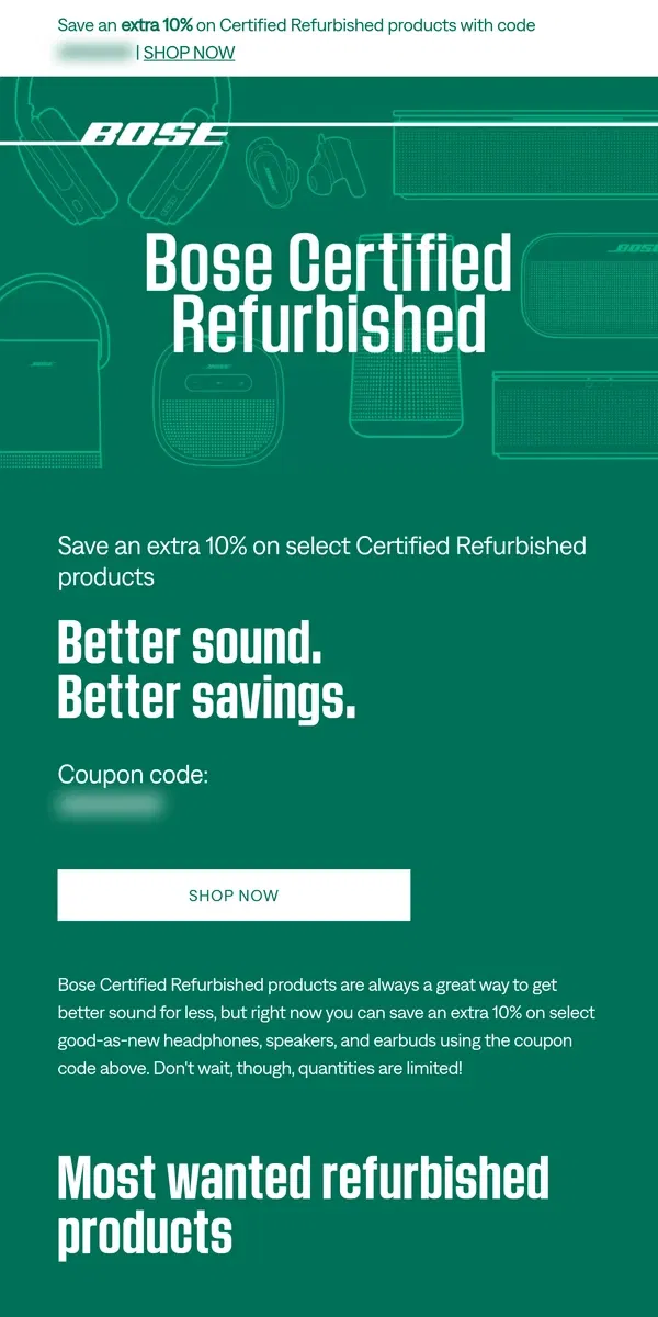 Email from Bose. Save an extra 10% good-as-new products!