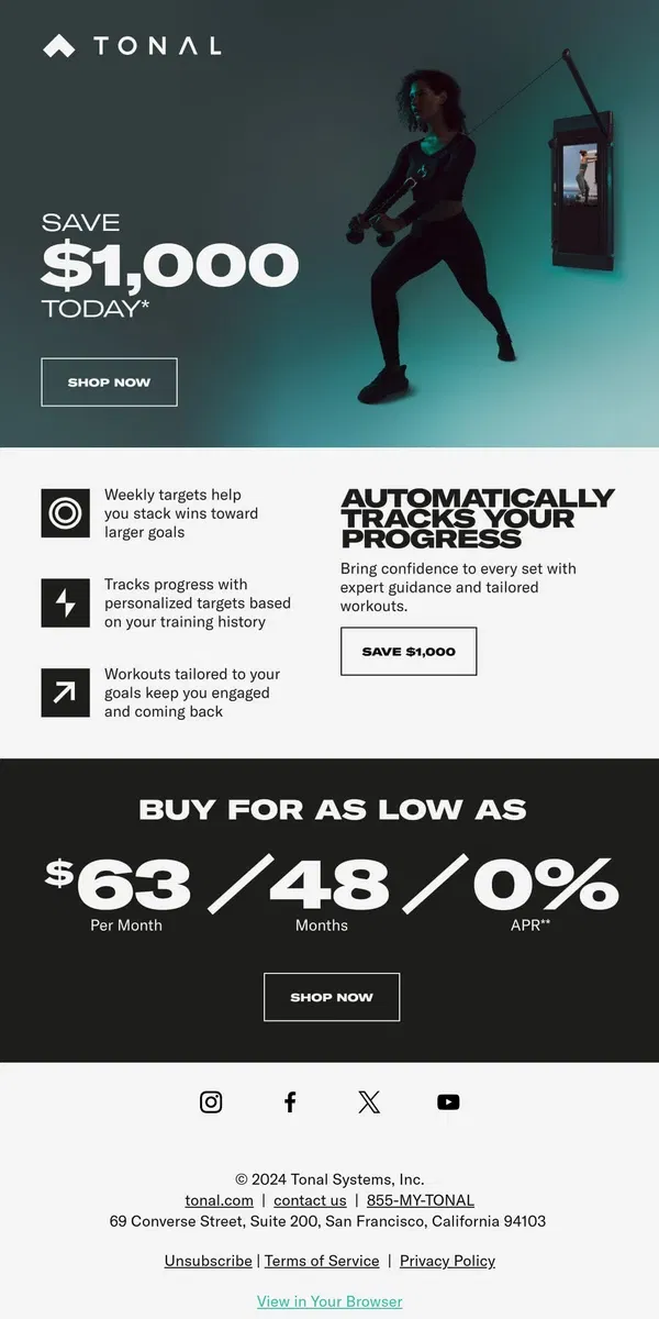 Email from Tonal. Save $1000 on real-time progress tracking