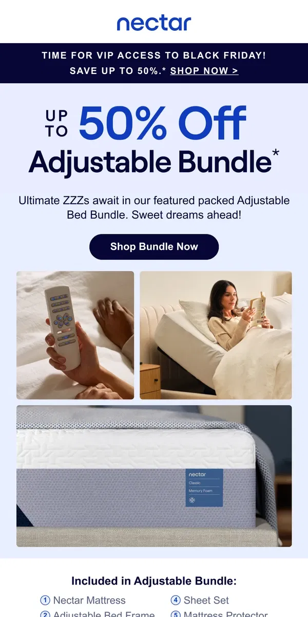 Email from Nectar. Bed + Base + Bonus Bedding = Bliss 💤🌙