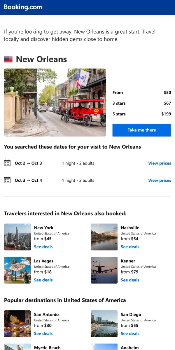 Email from Booking.com. Deals in New Orleans from $50 for your dates