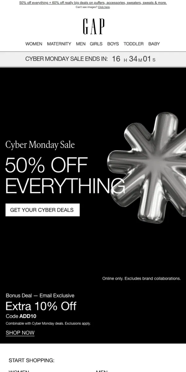 Email from GAP. CYBER SALE IS SHUTTING DOWN TONIGHT | You've got 60% OFF sweats, PJs, sweaters & puffers