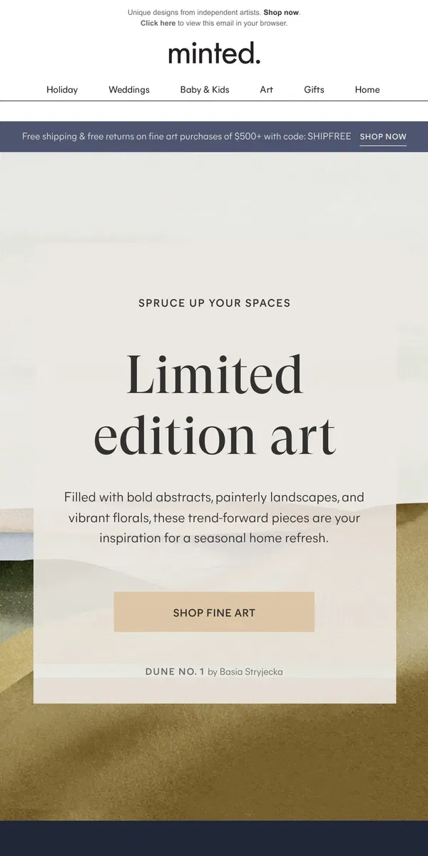 Email from Minted. Refresh your home with trend-forward fine art