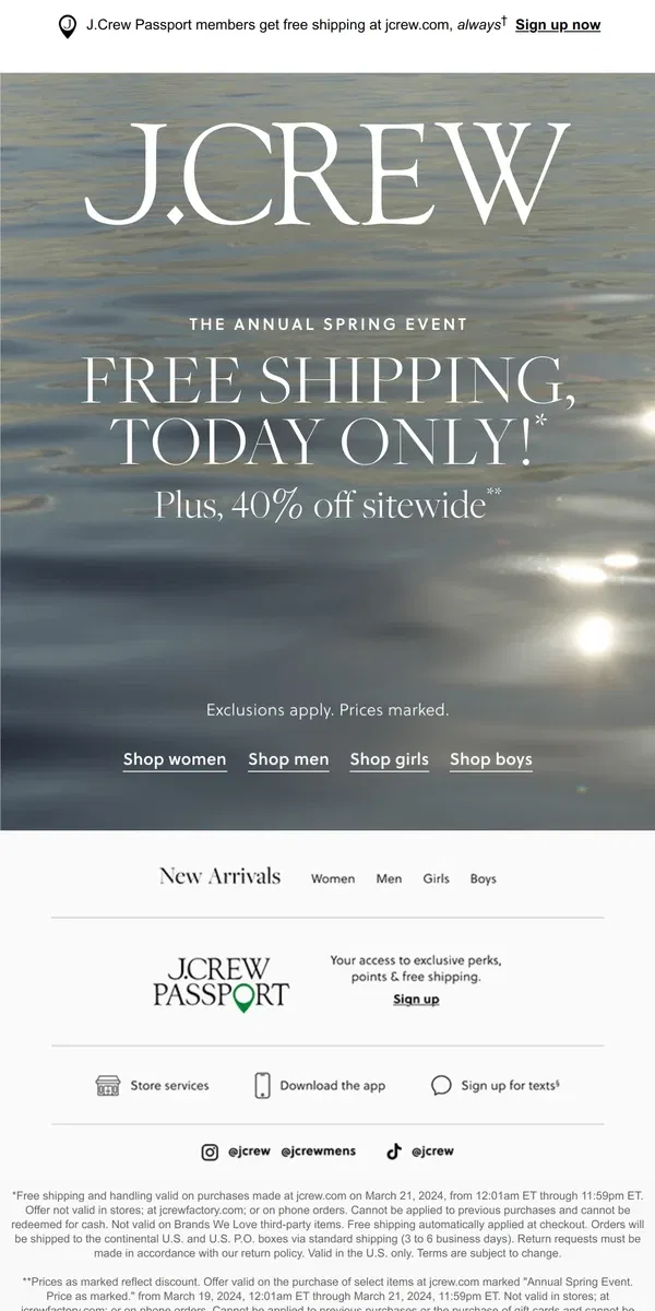 Email from J.Crew. Today only: free shipping to get it by Easter!