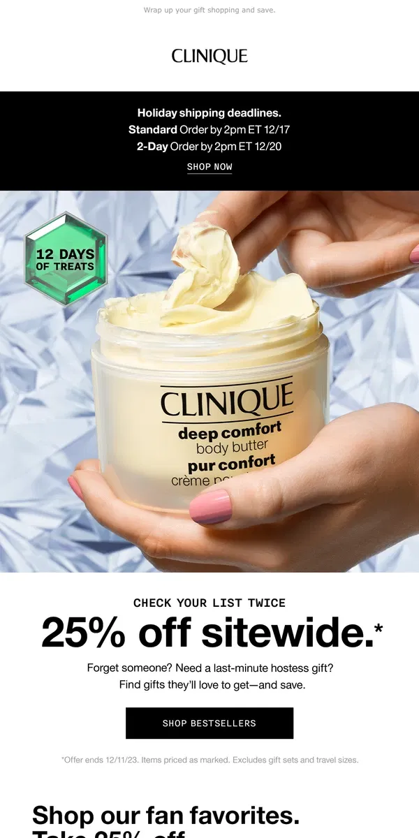 Email from Clinique. Bring it home — save 25% on holiday gifts. 