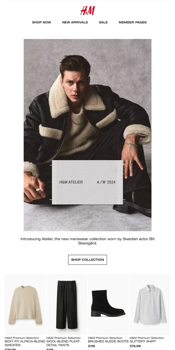 Email from H&M. Welcome to the Atelier feat. Bill Skarsgård