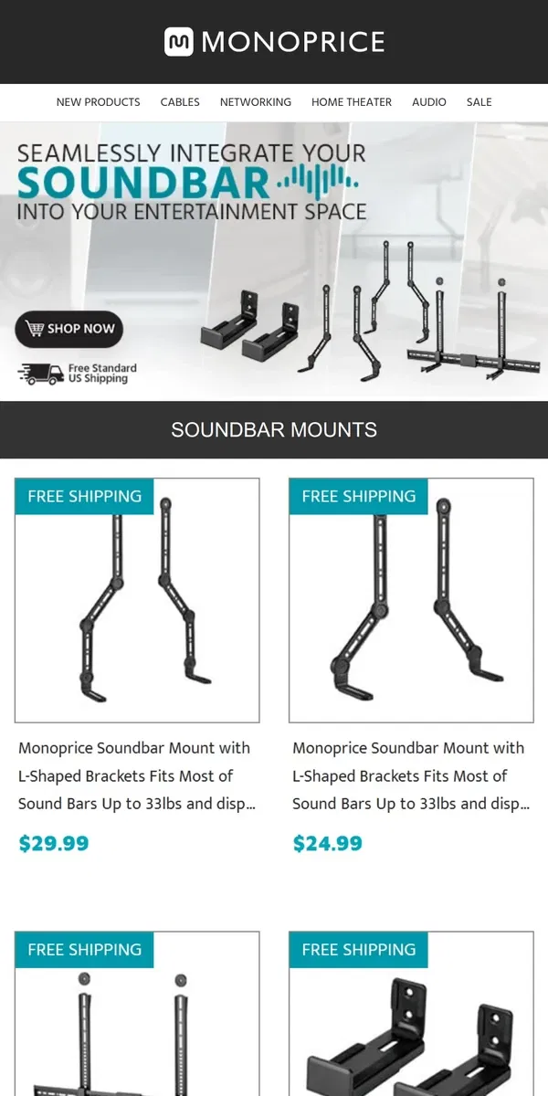 Email from Monoprice. NEW ARRIVALS | Soundbar Mounts & Speakers Mounts