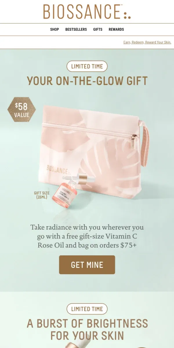 Email from Biossance. Boxing day drop! Free mini Rose Oil & 👛