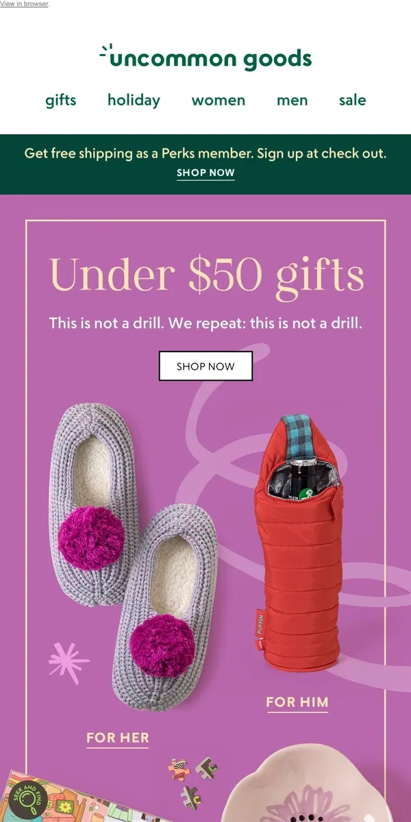 Email from Uncommon Goods. Gifting for under $50