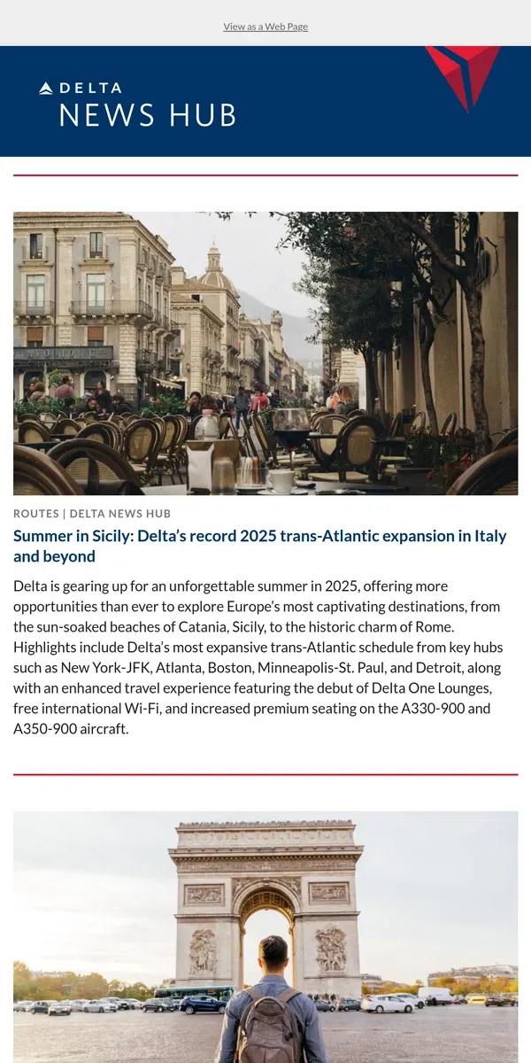 Email from Delta Air Lines. Summer in Sicily: Delta’s record 2025 trans-Atlantic expansion in Italy and beyond