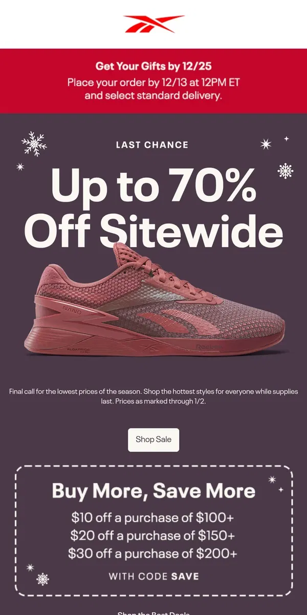 Email from Reebok. New sale styles added: Up to 70% OFF 🤯