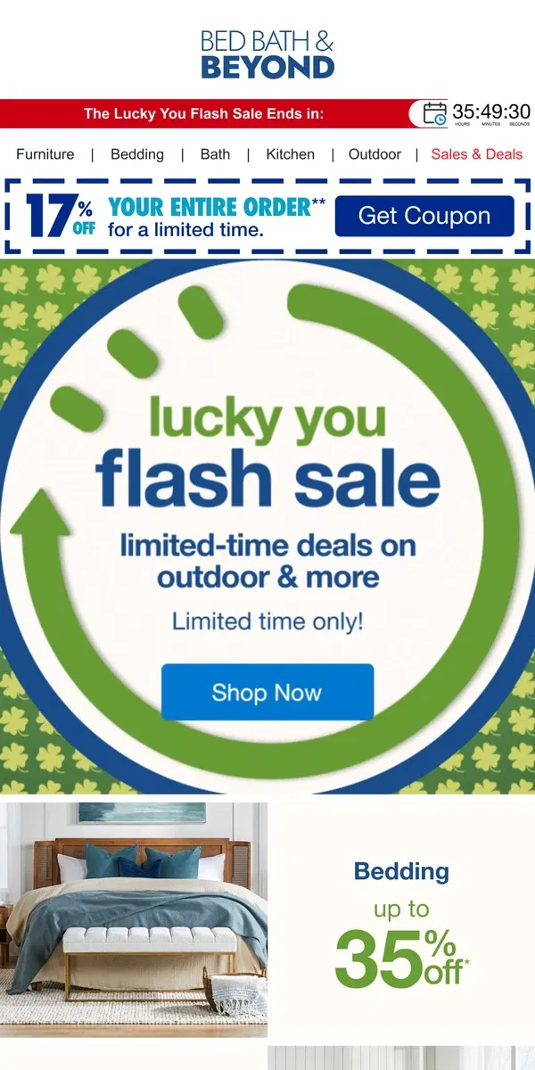 Email from Bed Bath & Beyond. Hurry & Save up to 60% On Outdoor & More 🍀🤑