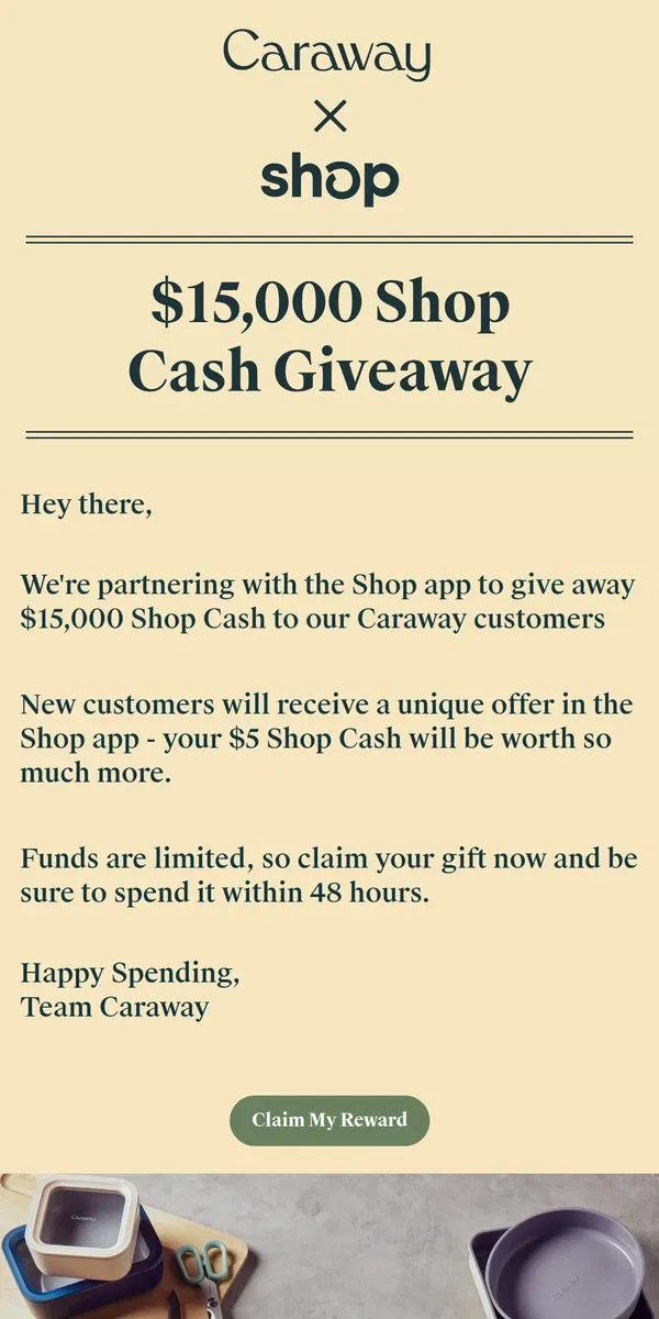 Email from Caraway. GIVEAWAY: Caraway x Shop App