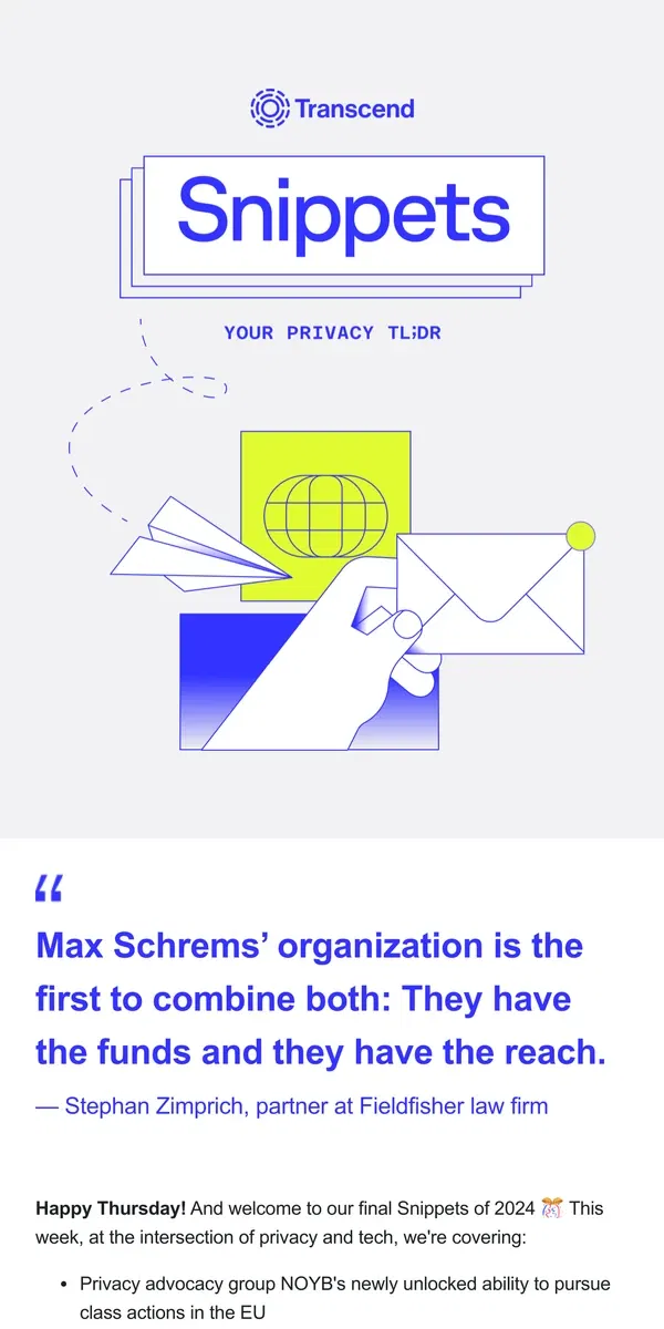 Email from Transcend. Snippets: NOYB unlocks class actions