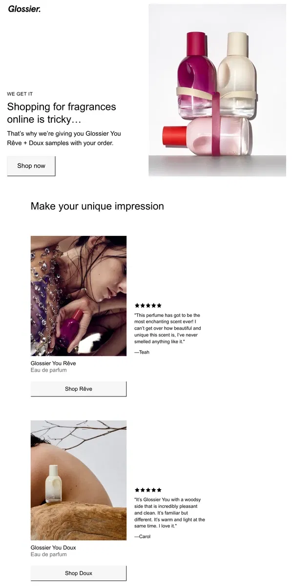 Email from Glossier. Your chance to try Rêve + Doux