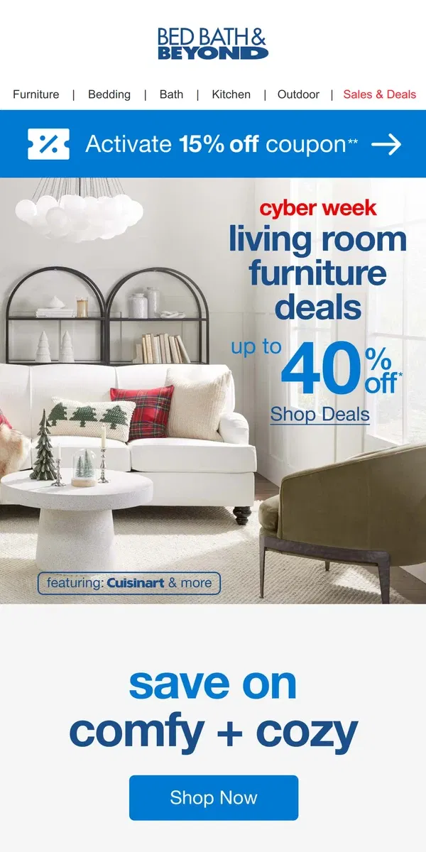 Email from Bed Bath & Beyond. 🚨 Deals Alert 🚨 Up to 40% Off Living Room Furniture