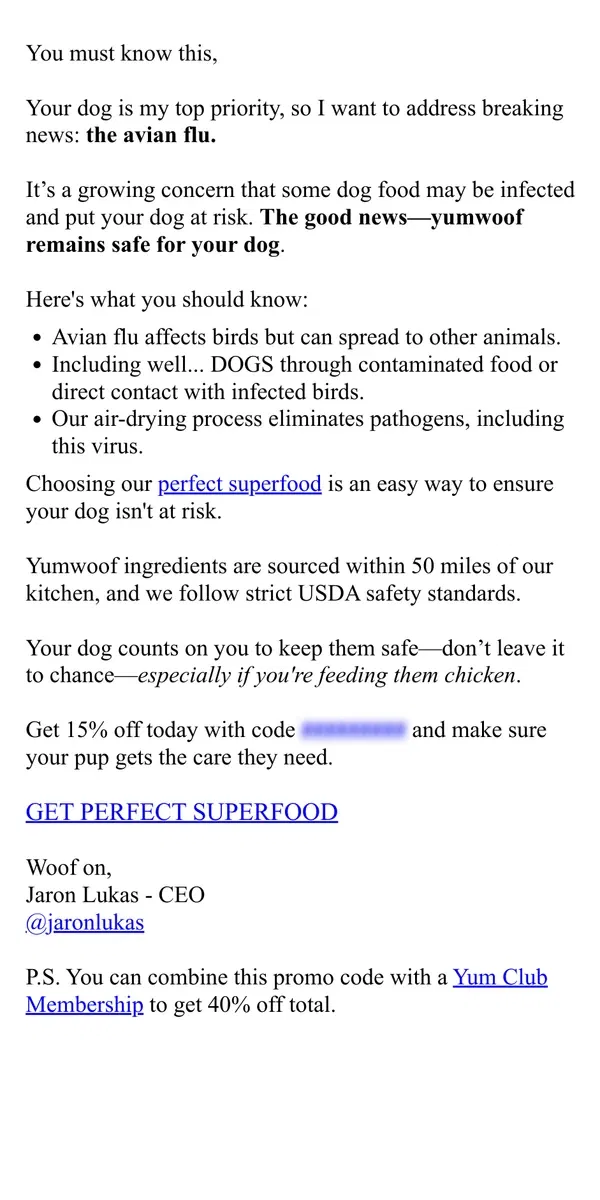 Email from Yumwoof!. 🚨 Avian Flu & Dogs: How To Protect Your Dog