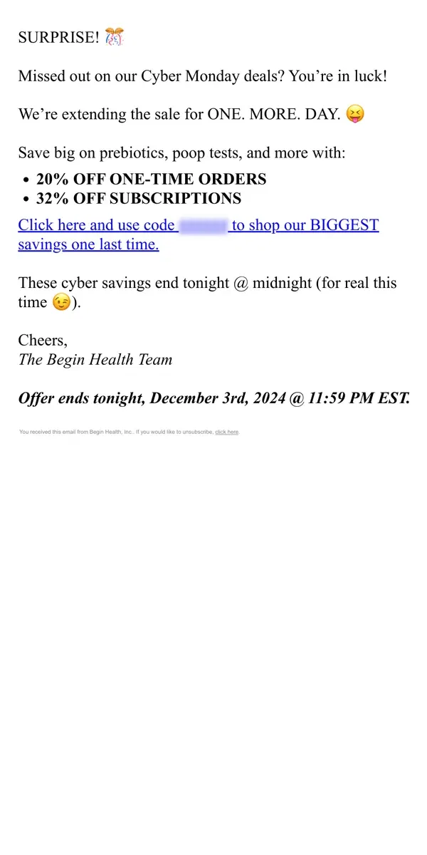 Email from Begin Health. SALE EXTENDED: UP TO 32% OFF 🤗