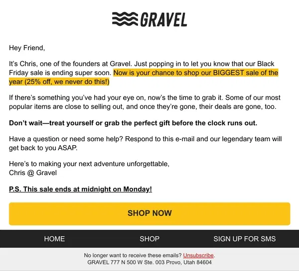 Email from Gravel. ENDING SOON: 25% off