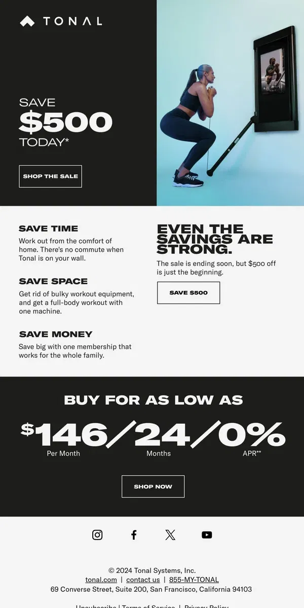 Email from Tonal. Lock it in with $500 off