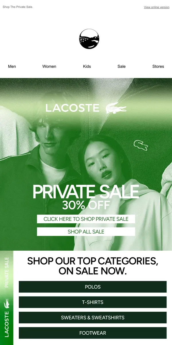 Email from Lacoste. 🏷️ TOP Categories, 30% Off? Yes, Please!