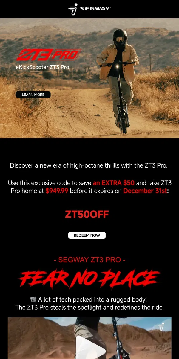 Email from Segway. A Limited Time Offer -- Unlock $50 Off Your ZT3 Pro.