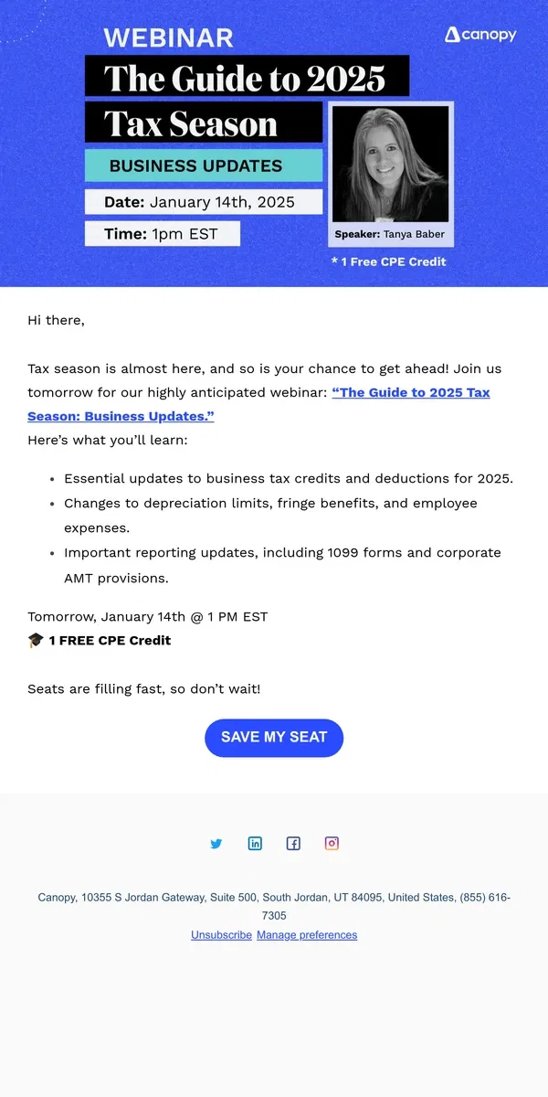 Email from Canopy. [Happening Tomorrow] Your Guide to 2025 Taxes