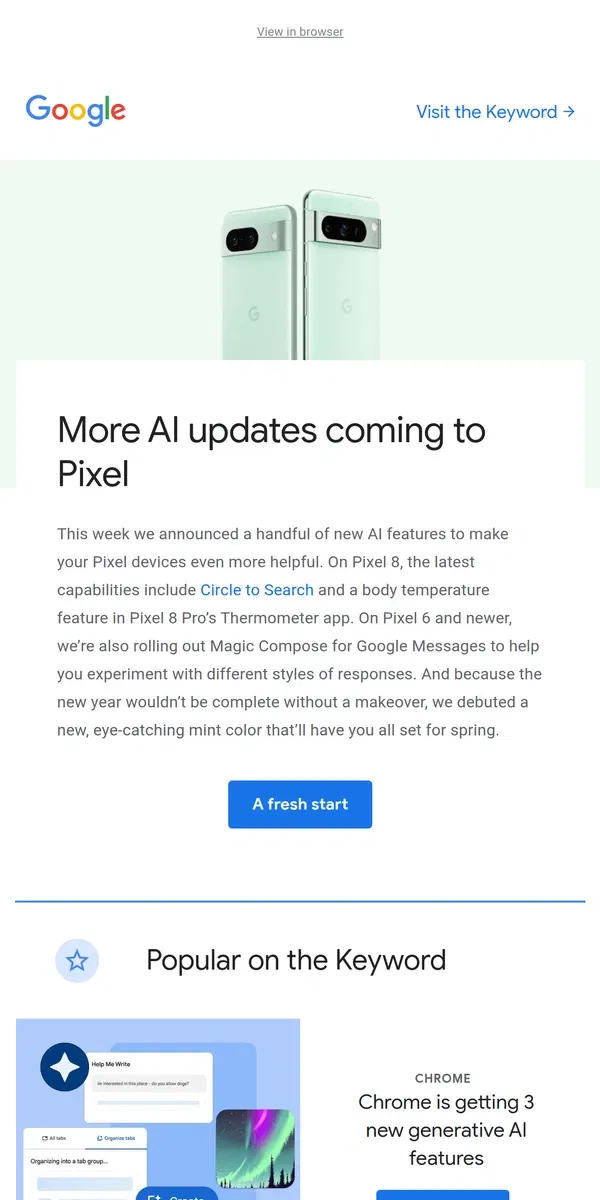 Email from Google. A minty fresh Pixel feature drop