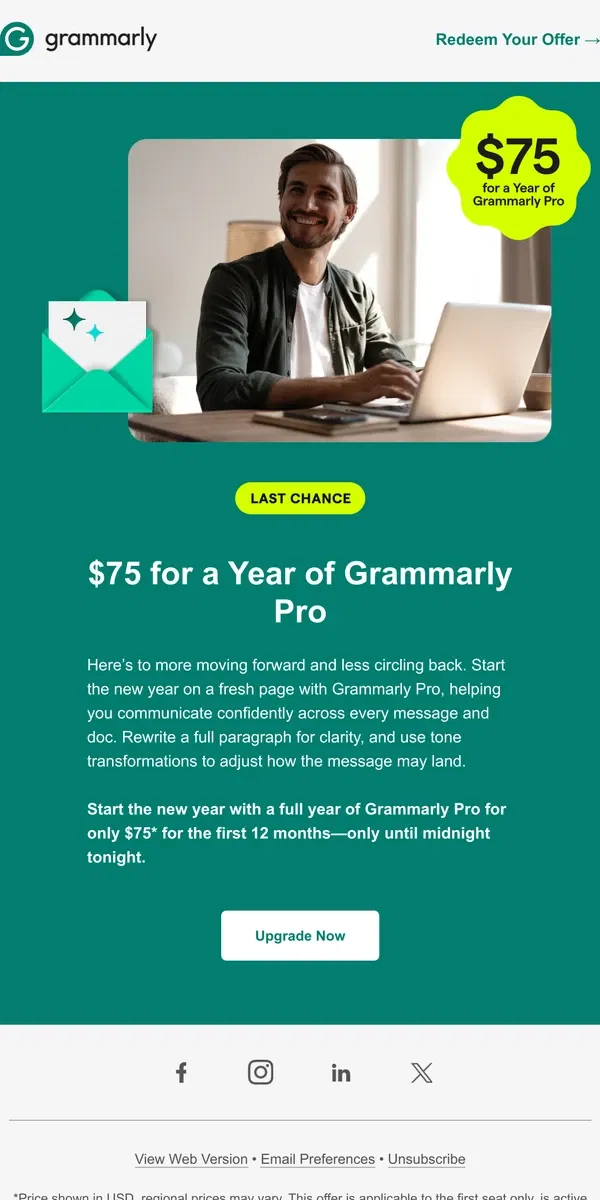 Email from Grammarly. ⏰ Last chance: Grammarly Pro for only $75