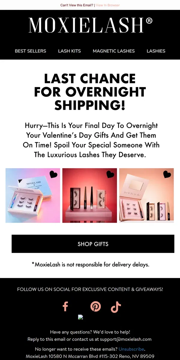 Email from MoxieLash. Overnight Ship Ends TODAY!