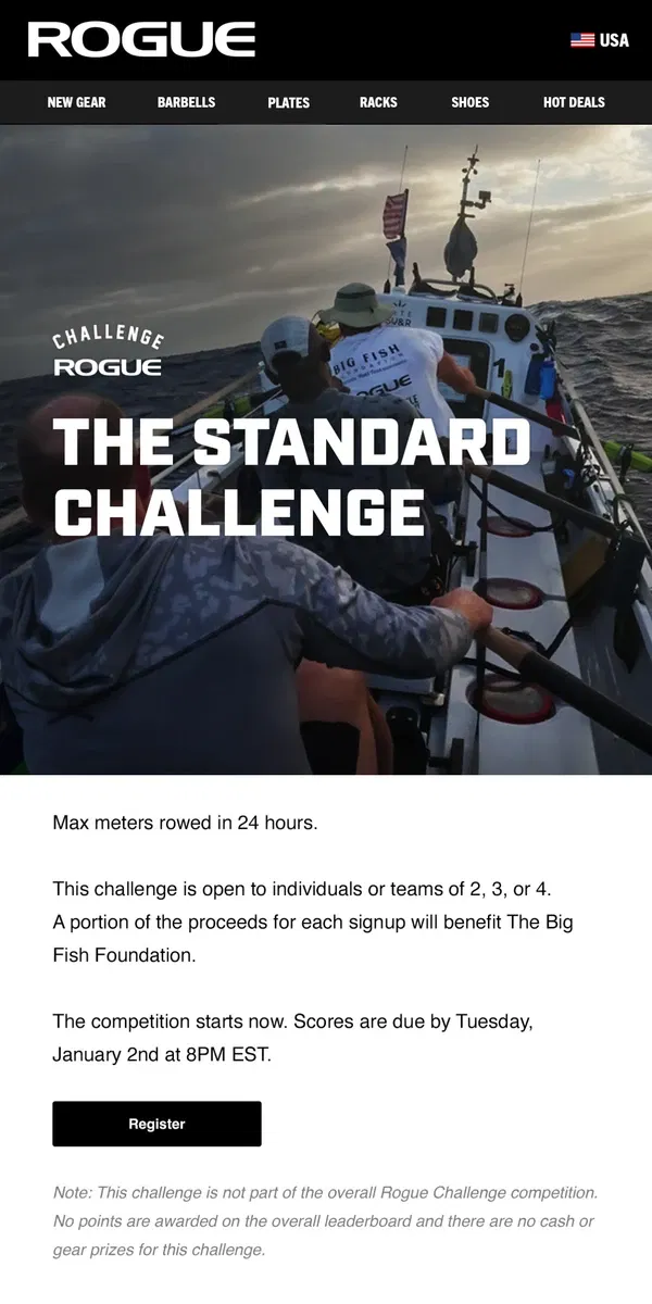 Email from Rogue Fitness. The Standard Challenge Starts Now - Register and Submit Your Score