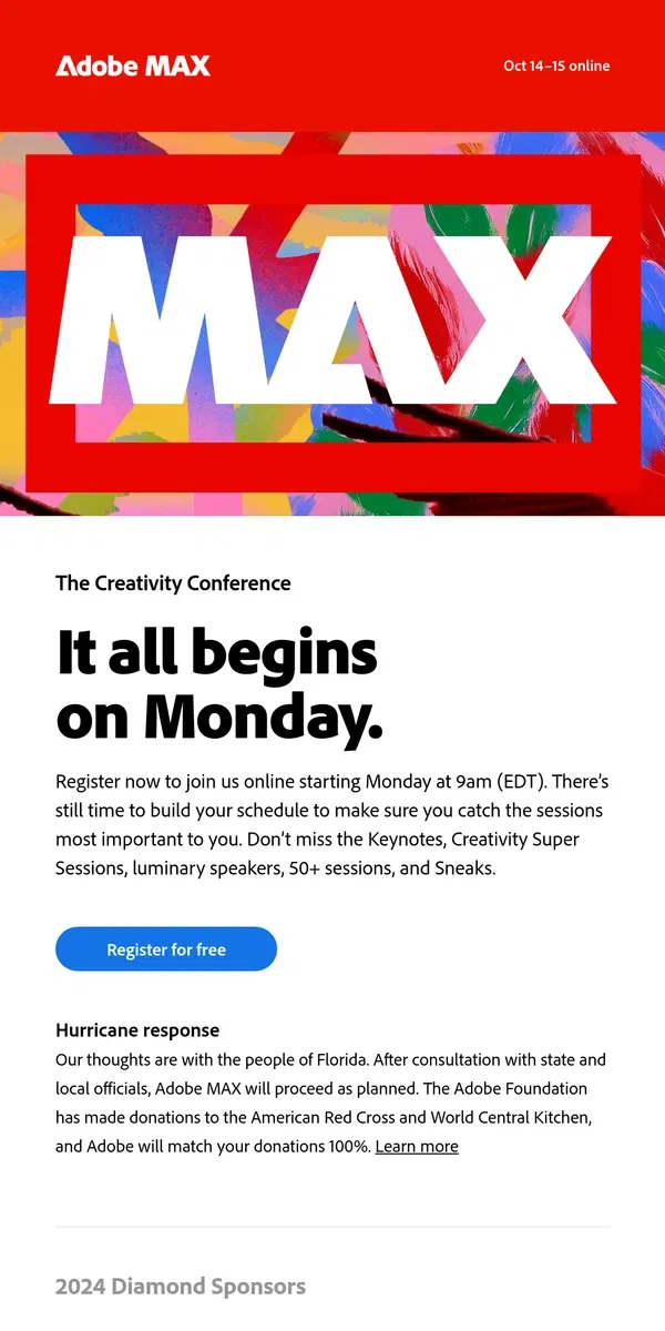 Email from Adobe. Tune in Monday at 9am (EDT) for MAX Online