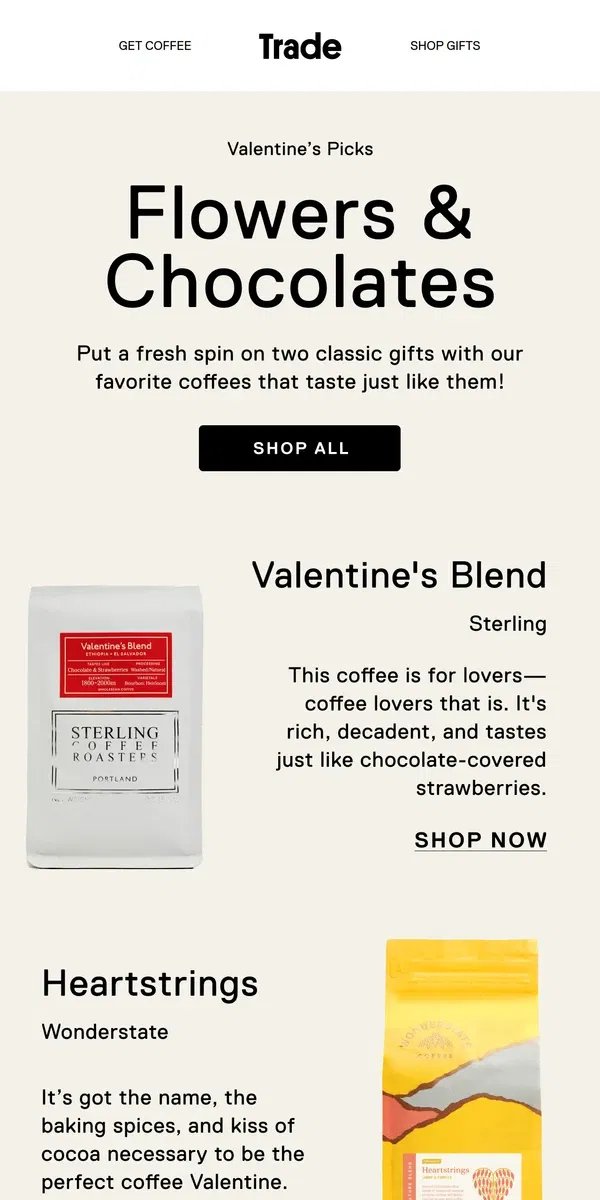 Email from Trade Coffee. New Valentine's Blend & More 💘