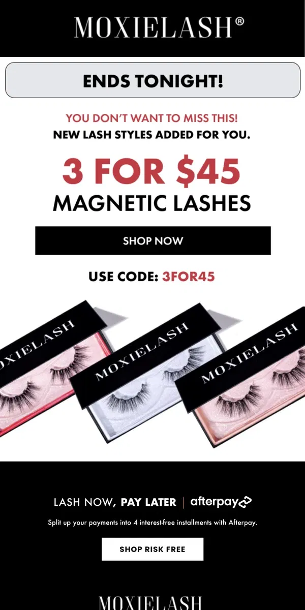 Email from MoxieLash. 🚨LAST CHANCE! 3 Magnetic Lashes $45