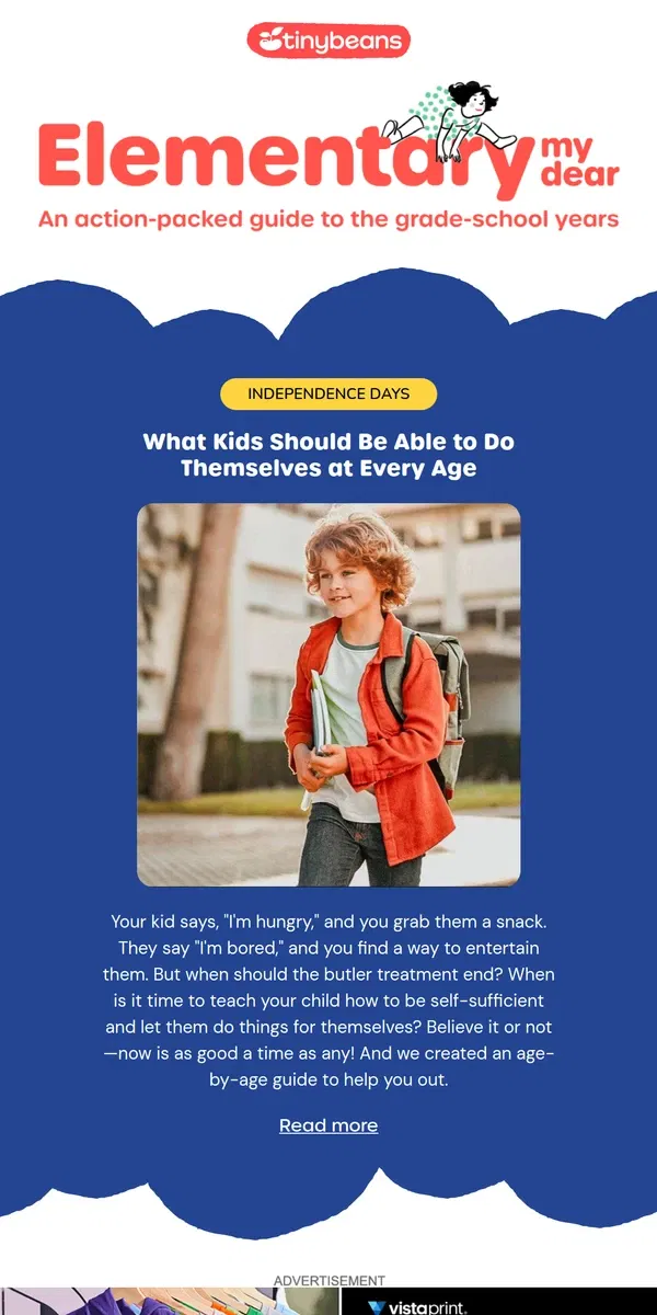 Email from Tinybeans. What Kids Should Be Able to Do Themselves at Every Age