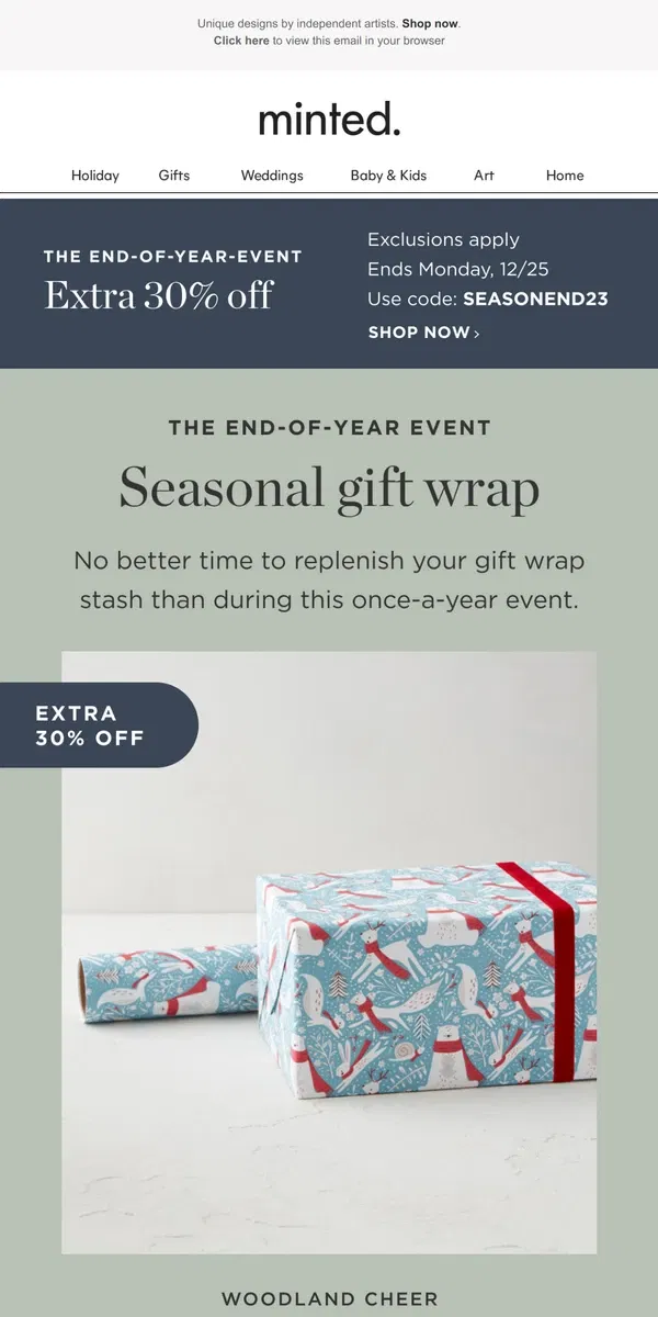 Email from Minted. Our End-of-Year Event starts now!