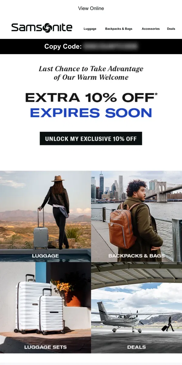 Email from Samsonite. Your 10% Offer Expires Tonight