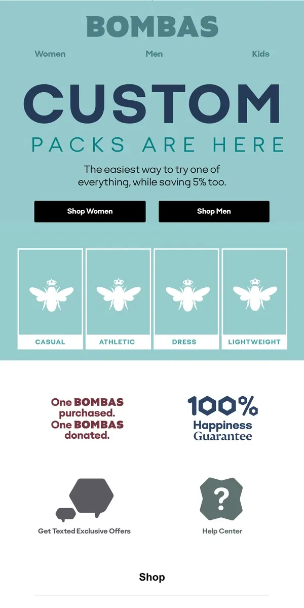 Email from Bombas. Build a Pack, Get 5% Off