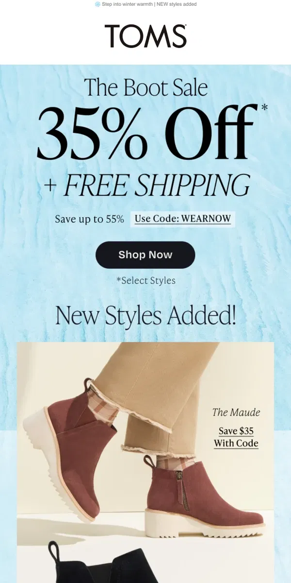 Email from TOMS. EXTENDED! Extra 35% OFF Boots + FREE SHIPPING