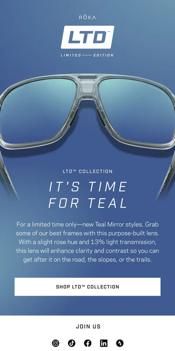 Email from ROKA. Just Dropped: Limited-Edition Teal Mirror Styles