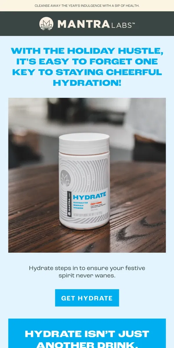 Email from MANTRA Labs. Sip & Stay Hydrated with Holiday Cheers 🥤