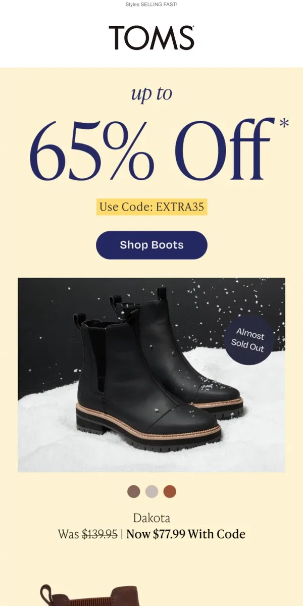 Email from TOMS. Up to 65% off | Your NEW fave boots