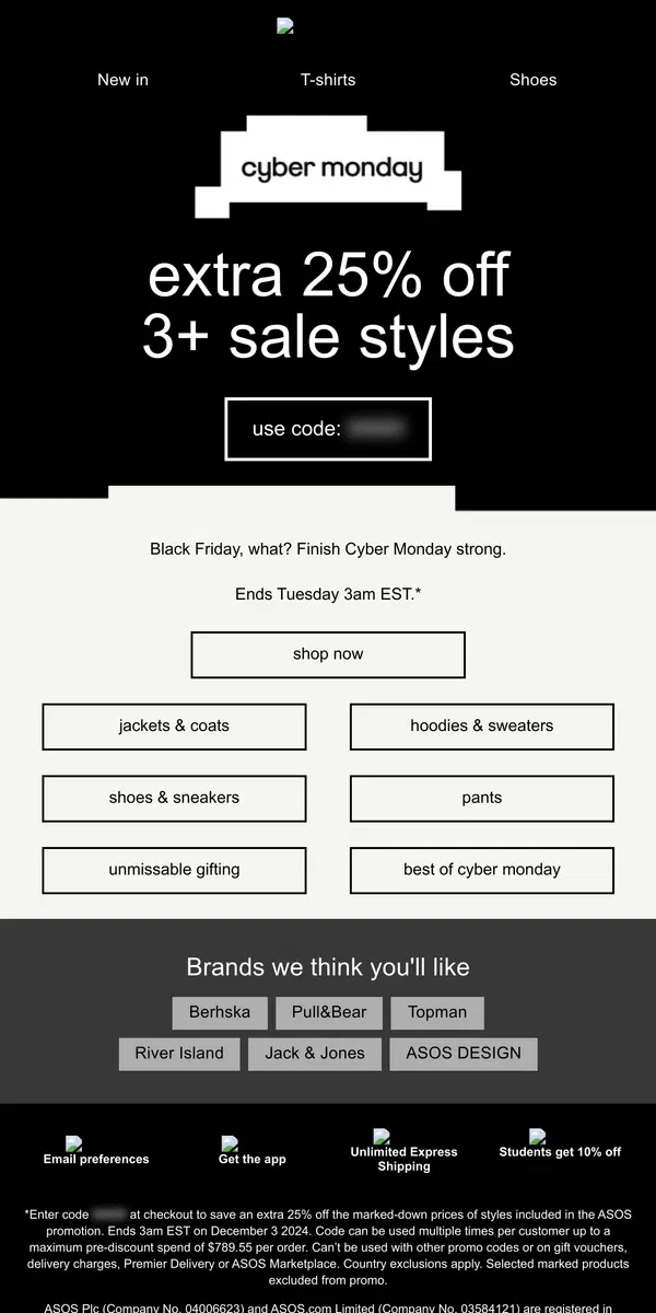 Email from ASOS. Extra 25% off 3+ Sale styles