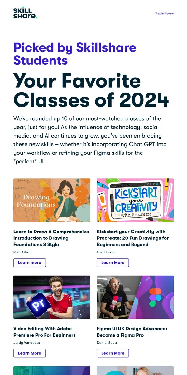 Email from Skillshare. The 10 Most Watched Classes of 2024