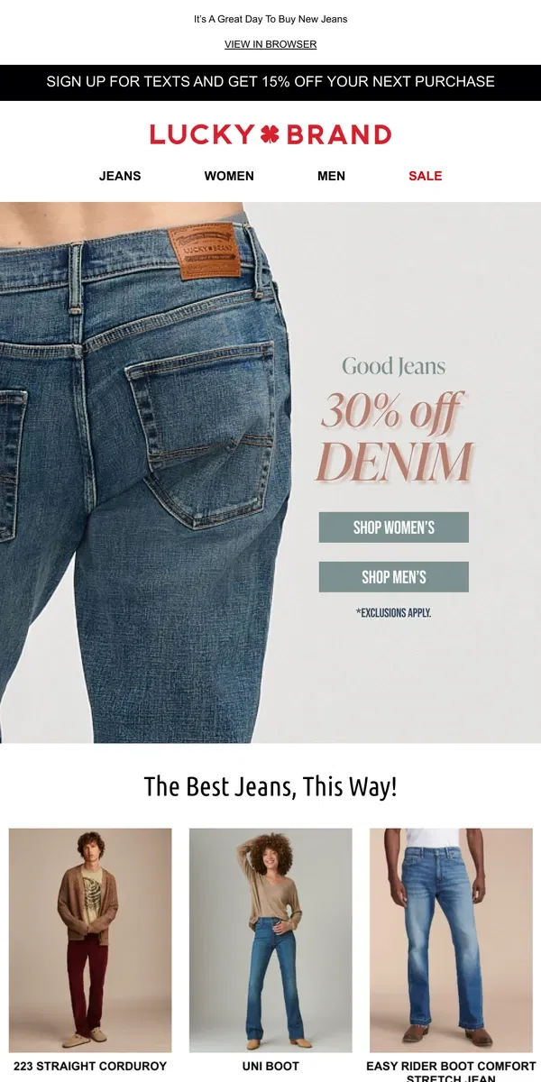 Email from Lucky Brand. Meet Your New Fave Jeans, Now 30% Off