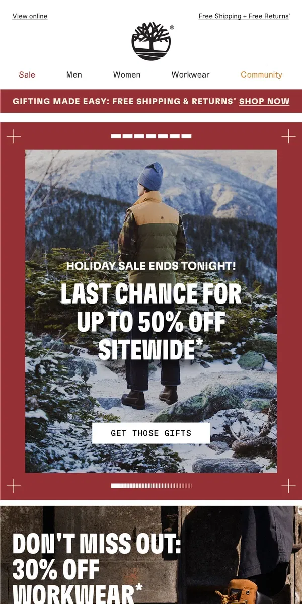 Email from Timberland. LAST CHANCE: Up to 50% Off Sitewide!