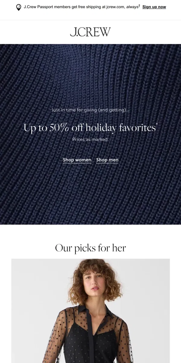 Email from J.Crew. Get gifting: up to 50% off holiday favorites