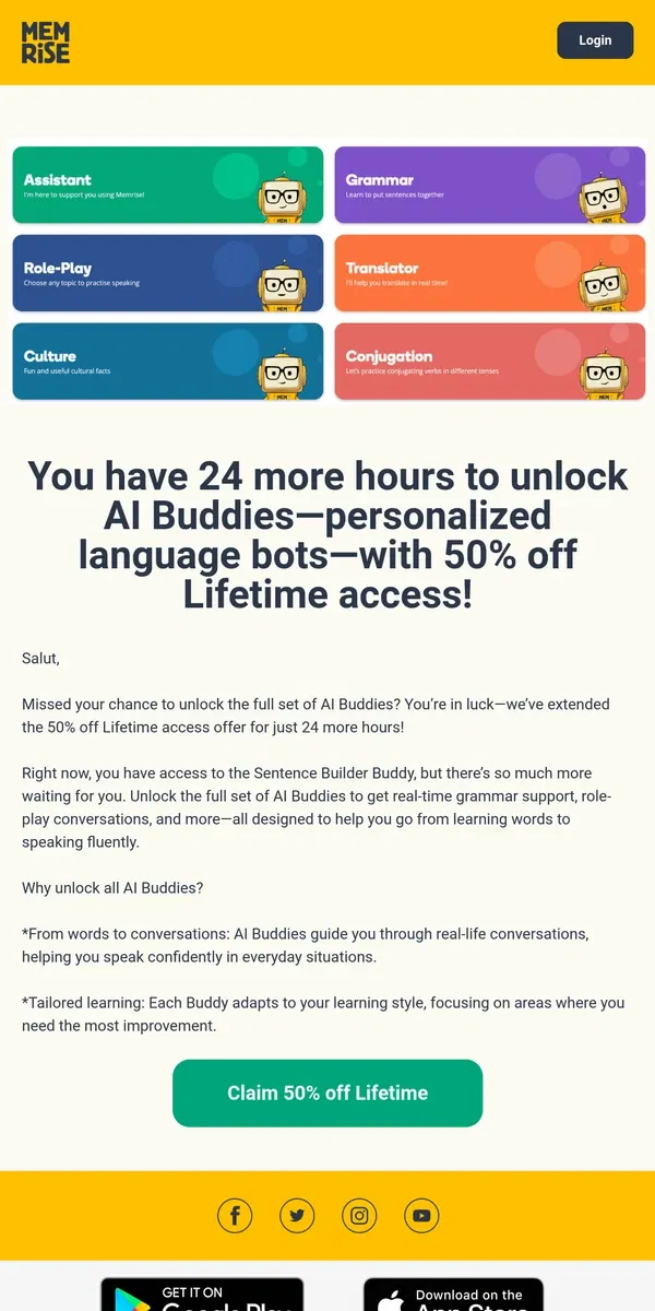 Email from Memrise. 🚨 Extension: 24 hours to unlock AI Buddies with 50% off Lifetime!