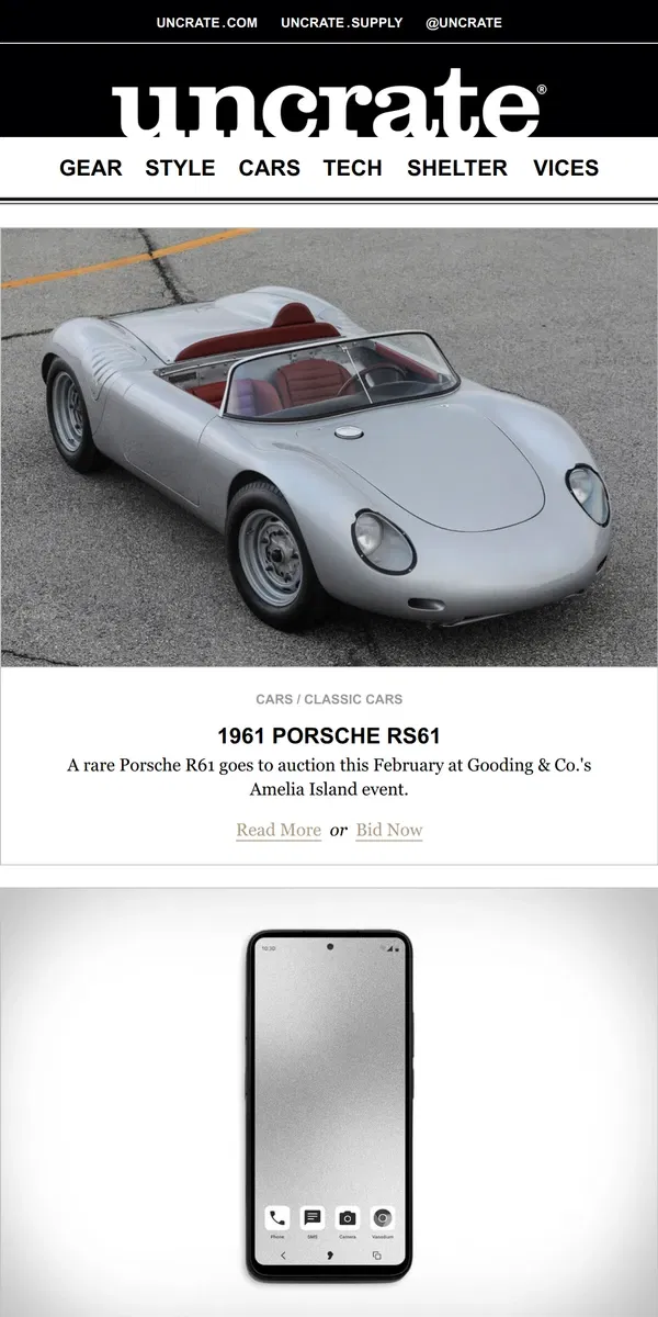 Email from Uncrate. 1961 Porsche RS61 & more